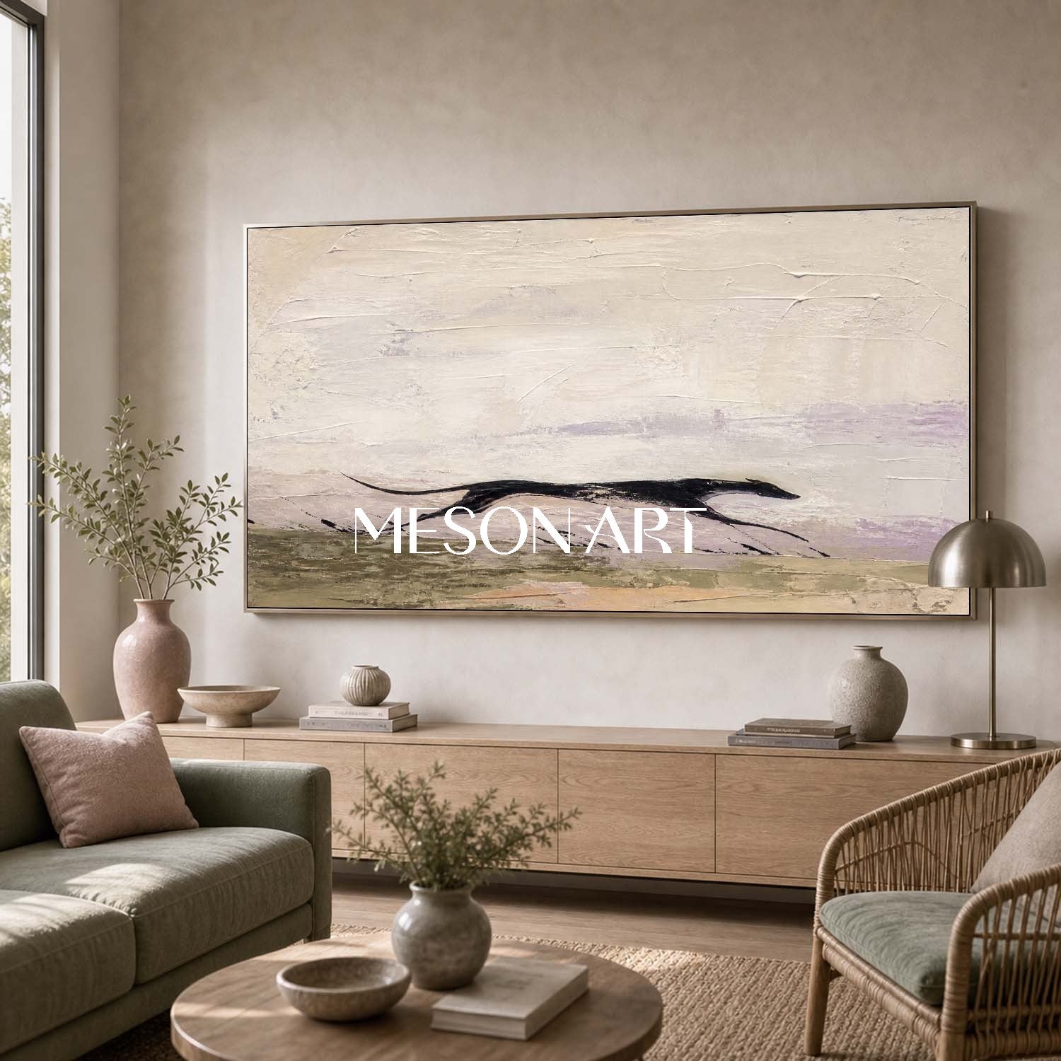 Large Minimalist Abstract Dog Painting On Linen Canvas For Modern Home Decor