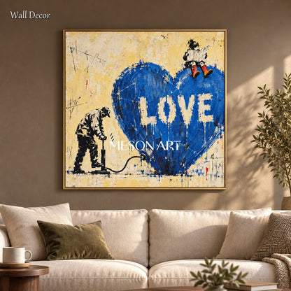 Blue And Yellow Graffiti Pop Art Painting Original Artist Hand Painted Square Wall Art For Living Room By Mesonart