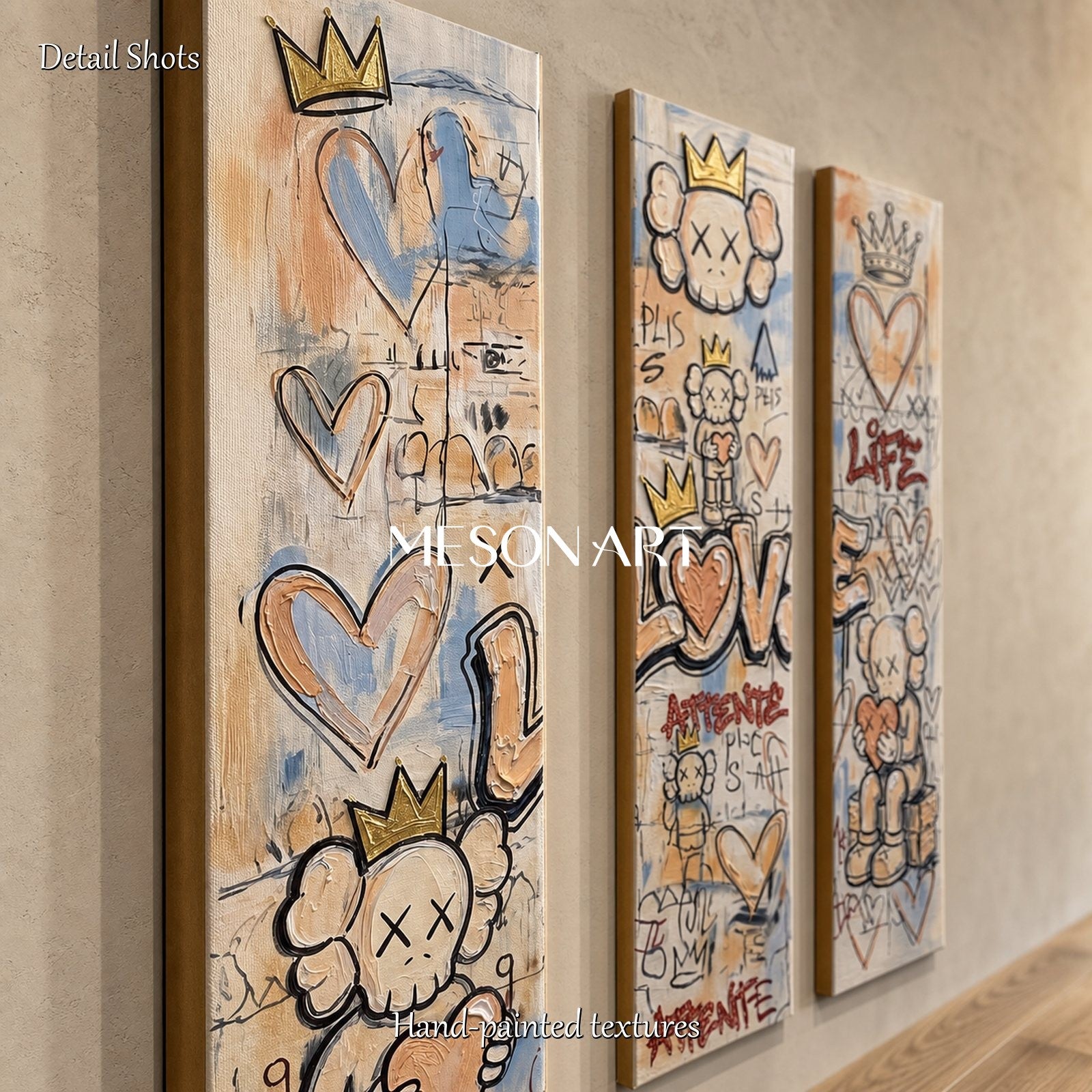 Original Graffiti Triptych With Kaws Inspired Icons For Modern Living Room Decor
