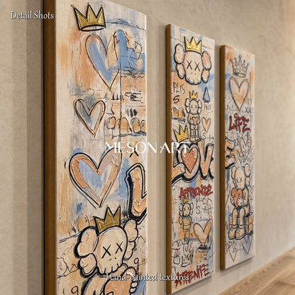 Original Graffiti Triptych With Kaws Inspired Icons For Modern Living Room Decor