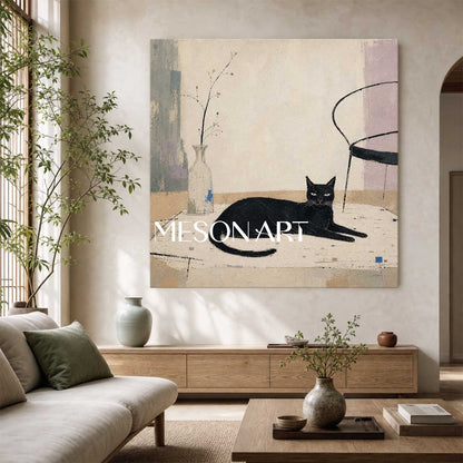 Minimalist Black Cat Painting With Still Life Elements For Modern Home Decor
