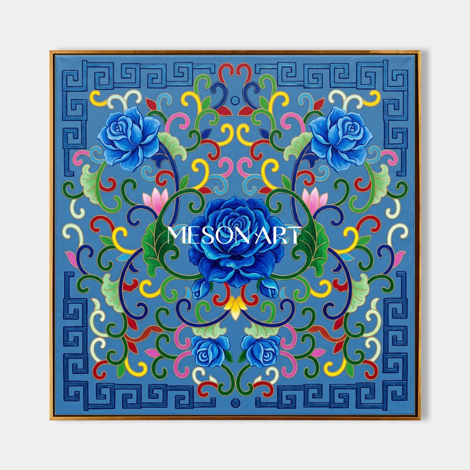 Blue And Gold Persian Floral Geometric Wall Art Square Original Artist Hand Painted By Mesonart