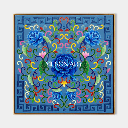 Blue And Gold Persian Floral Geometric Wall Art Square Original Artist Hand Painted By Mesonart