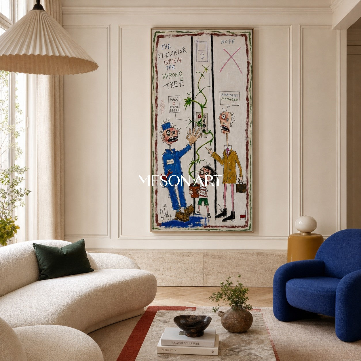 White And Blue Graffiti Surreal Figurative Cartoon Panoramic Wall Art For Living Room By Mesonart