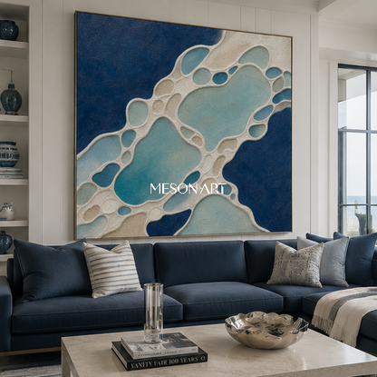 Blue Turquoise Abstract Painting With Textured Impasto For Coastal Living Room Decor