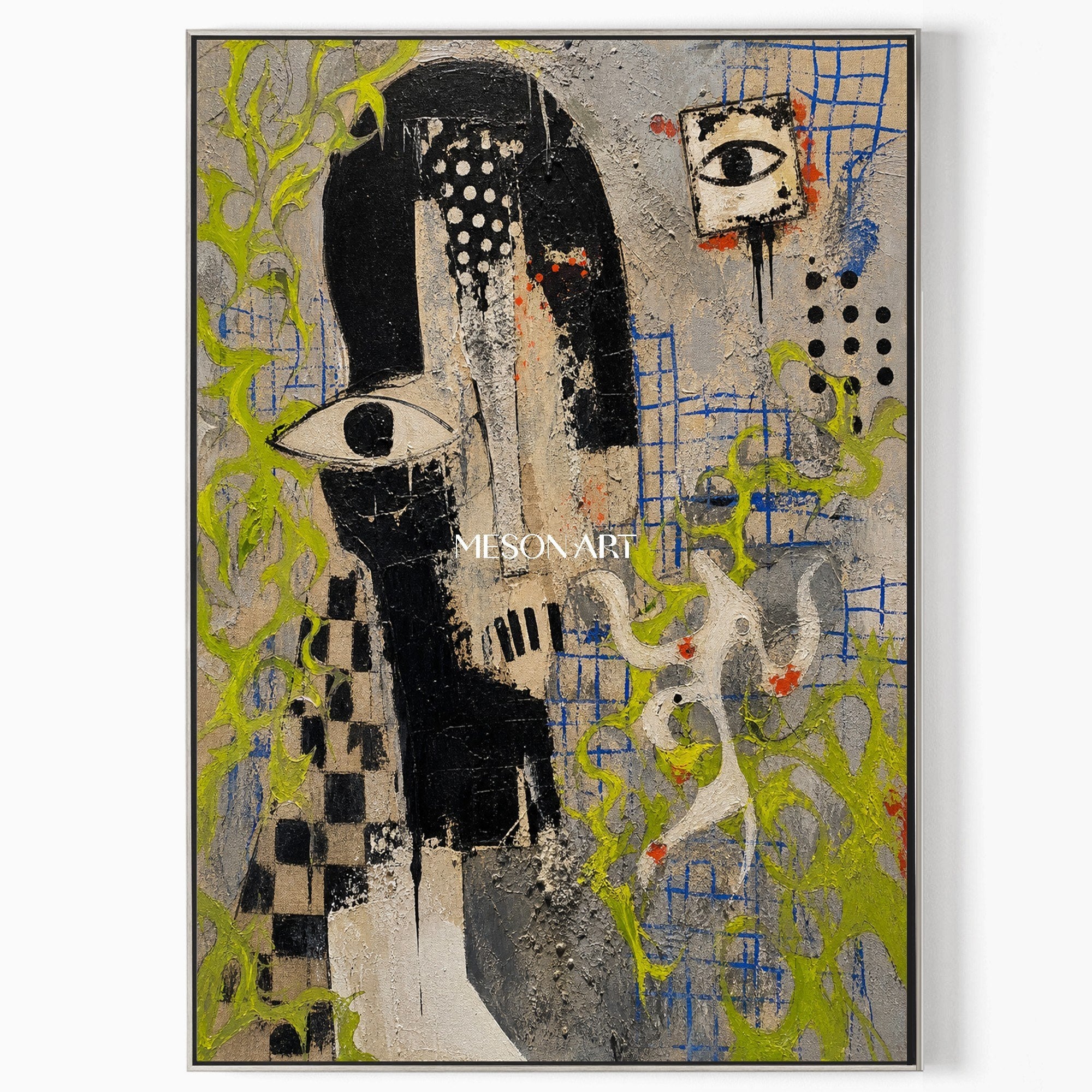 Urban Graffiti Portrait Art With Symbolic Eyes And Green Accents For Modern Loft Decor