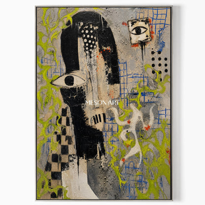Urban Graffiti Portrait Art With Symbolic Eyes And Green Accents For Modern Loft Decor