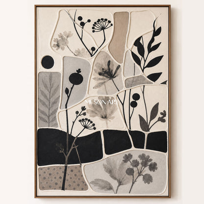 Monochrome Botanical Collage Art With Textured Relief For Wabi-Sabi Home Decor