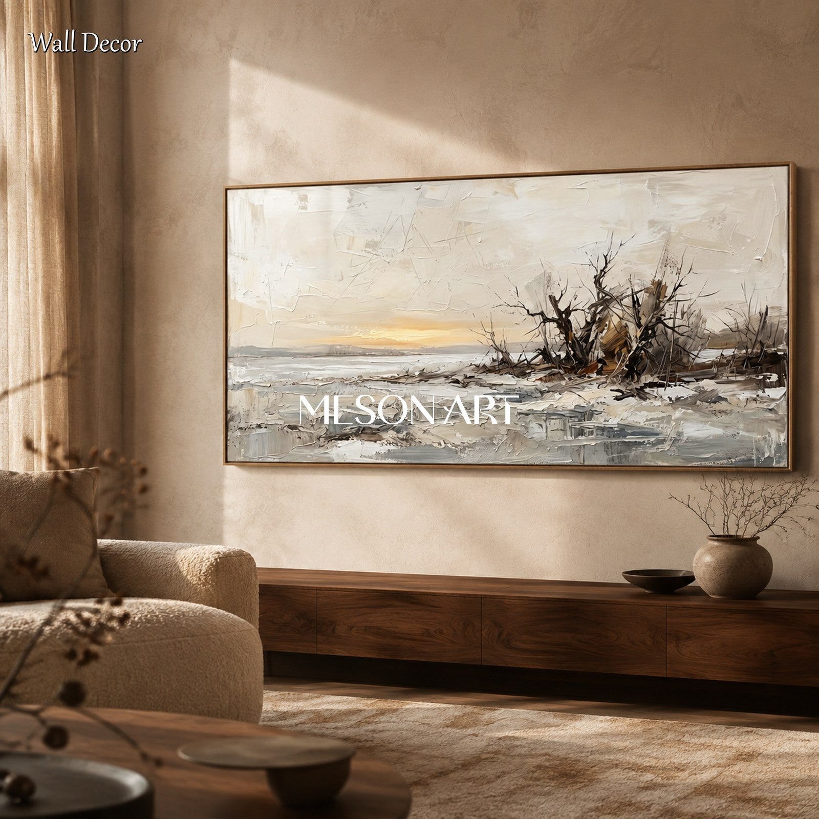 Beige And Gray Abstract Painting Large Panoramic Wall Art For Living Room Original Artist By Mesonart