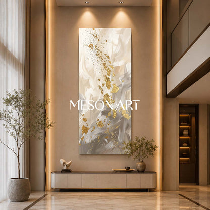 Luxury Abstract Gold Leaf Painting Beige Modern Wall Art For Living Room