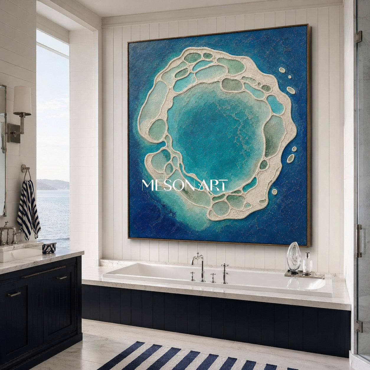Azure Lagoon Abstract Art With Textured Relief For Modern Spa Bathroom And Living Room Wall Decor