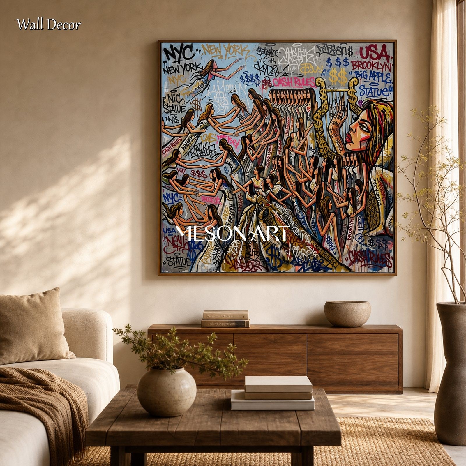 Gold And Black Graffiti Doodle Art Square Wall Decor For Living Room Original Artist By Mesonart