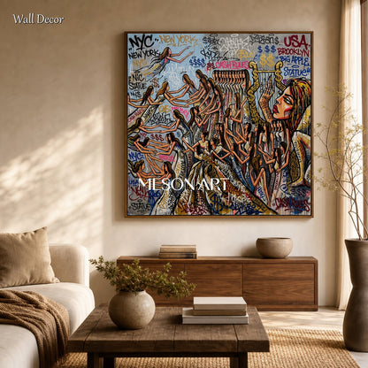 Gold And Black Graffiti Doodle Art Square Wall Decor For Living Room Original Artist By Mesonart