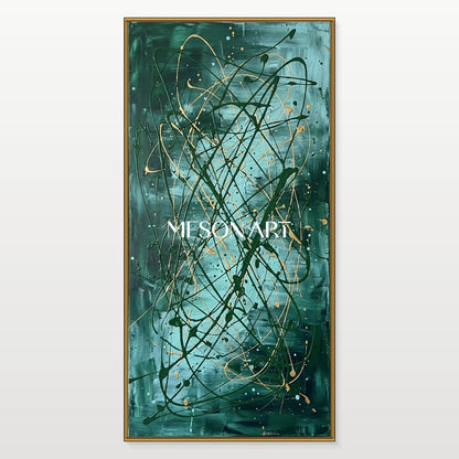 Green And Gold Jackson Pollock Inspired Abstract Expressionism Painting Panoramic Wall Art For Living Room By Mesonart