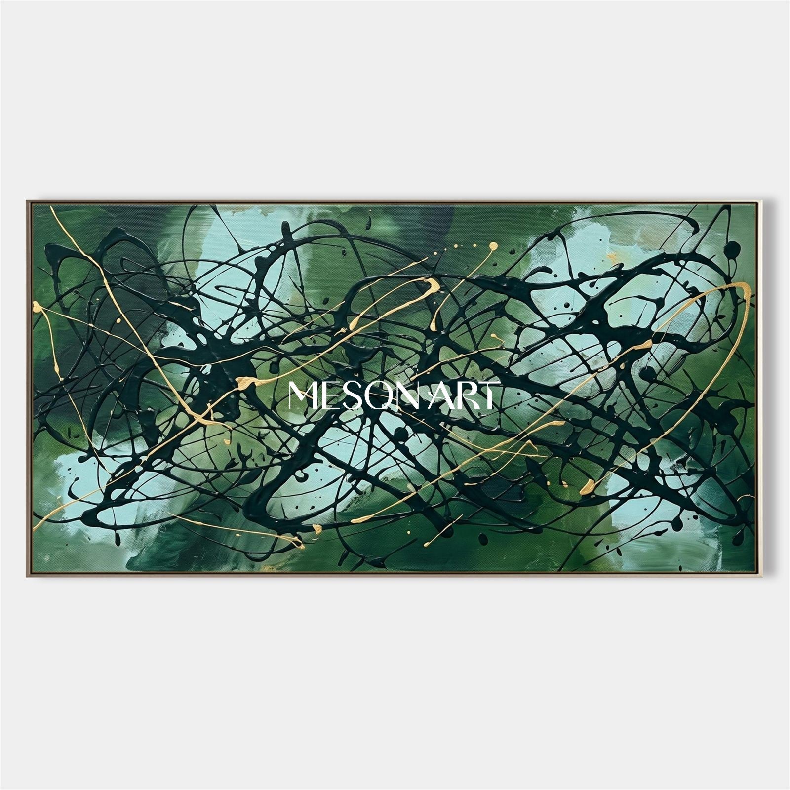 Green And Black Abstract Action Painting Inspired By Jackson Pollock Panoramic Wall Art For Living Room By Mesonart