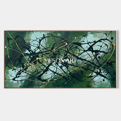 Green And Black Abstract Action Painting Inspired By Jackson Pollock Panoramic Wall Art For Living Room By Mesonart