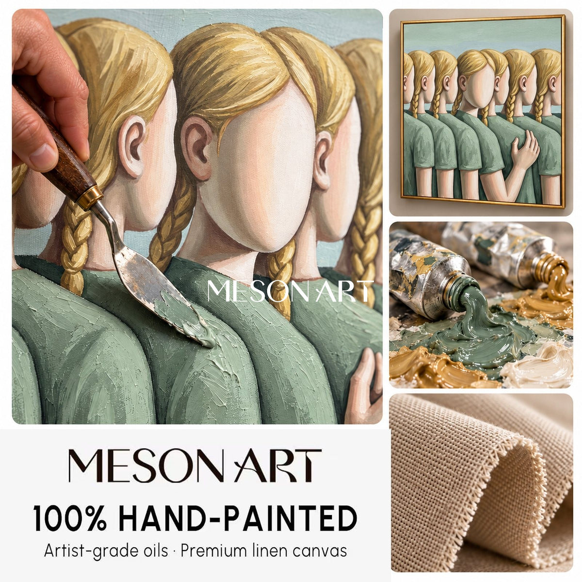Green And Gold Surrealist Art Original Artist Hand Painted Rectangular Wall Decor For Living Room By Mesonart