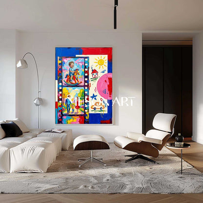 Vibrant Family Portrait Pop Art Painting With Film Strip Design For Kids Room Decor