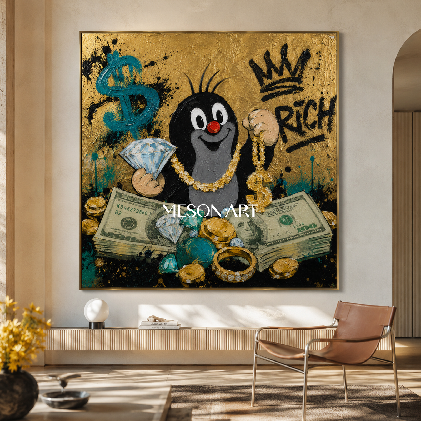 Luxury Pop Art Painting With Gold Texture And Cartoon Mole For Modern Living Room Decor