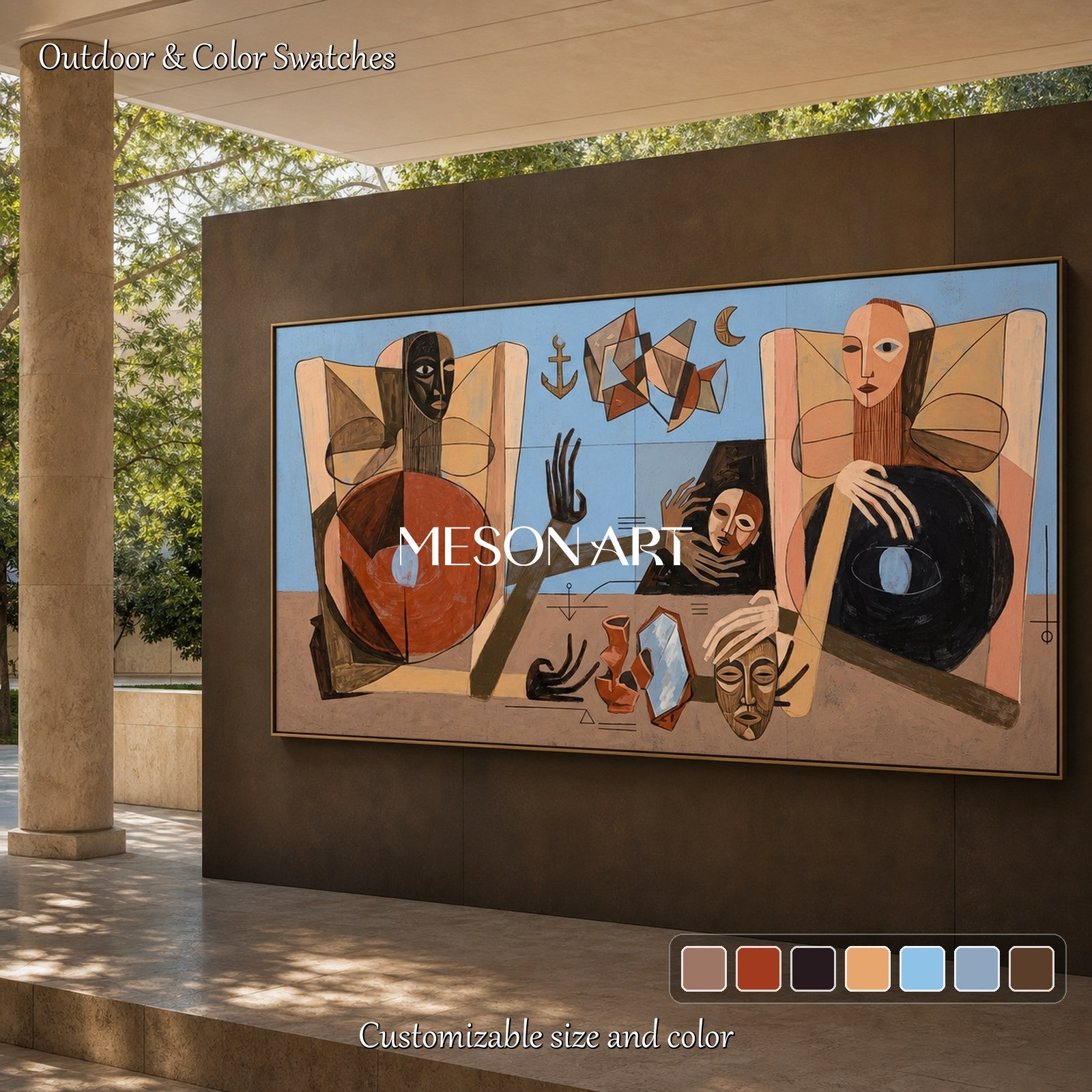 Blue And Brown Expressionist Figurative Abstract Painting Panoramic Wall Art For Living Room By Mesonart