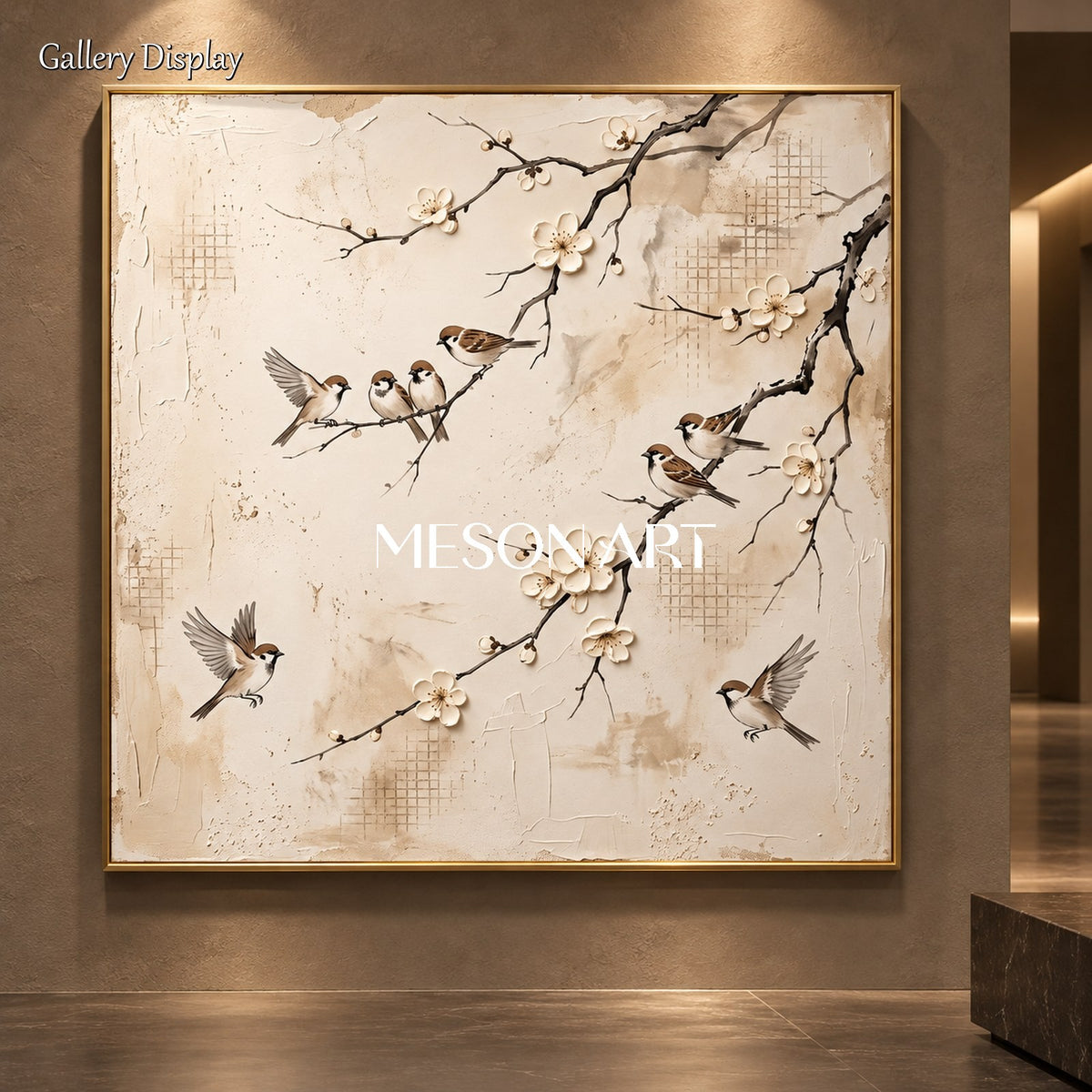 Beige And White Sparrow Painting Square Wall Art Original Artist Hand Painted By Mesonart