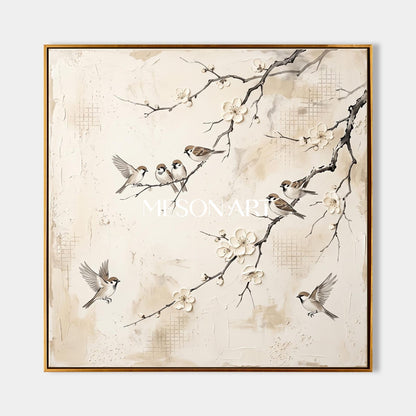 Beige And White Sparrow Painting Square Wall Art Original Artist Hand Painted By Mesonart
