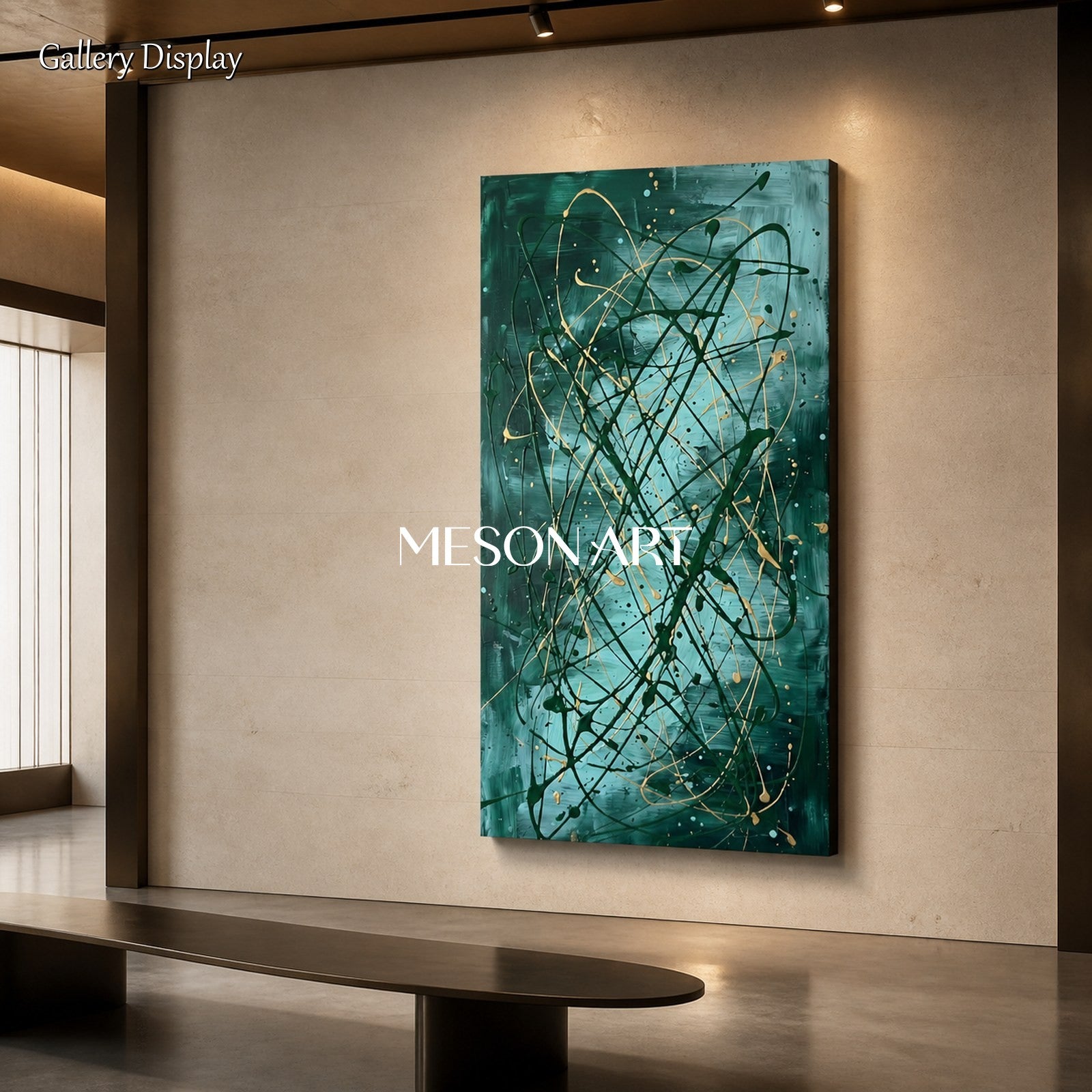 Green And Gold Jackson Pollock Inspired Abstract Expressionism Painting Panoramic Wall Art For Living Room By Mesonart