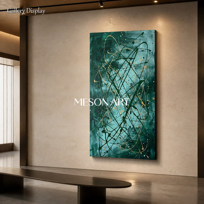 Green And Gold Jackson Pollock Inspired Abstract Expressionism Painting Panoramic Wall Art For Living Room By Mesonart