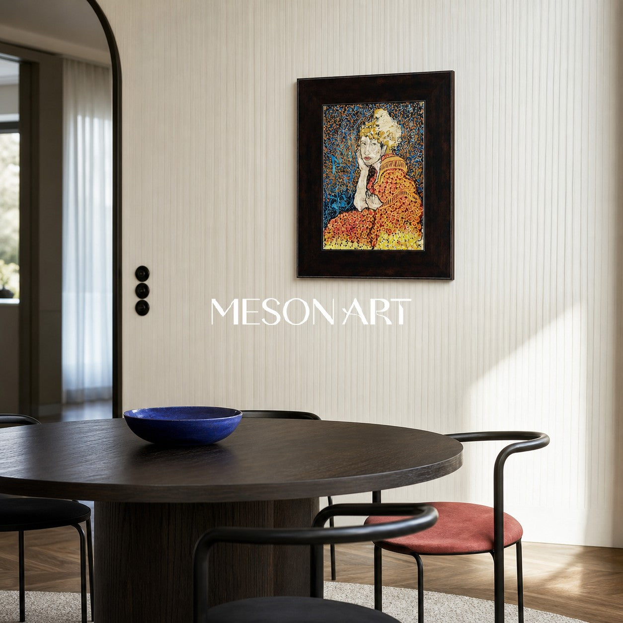 Art Deco Inspired Abstract Portrait Painting With Gold And Blue Tones For Modern Living Room Decor