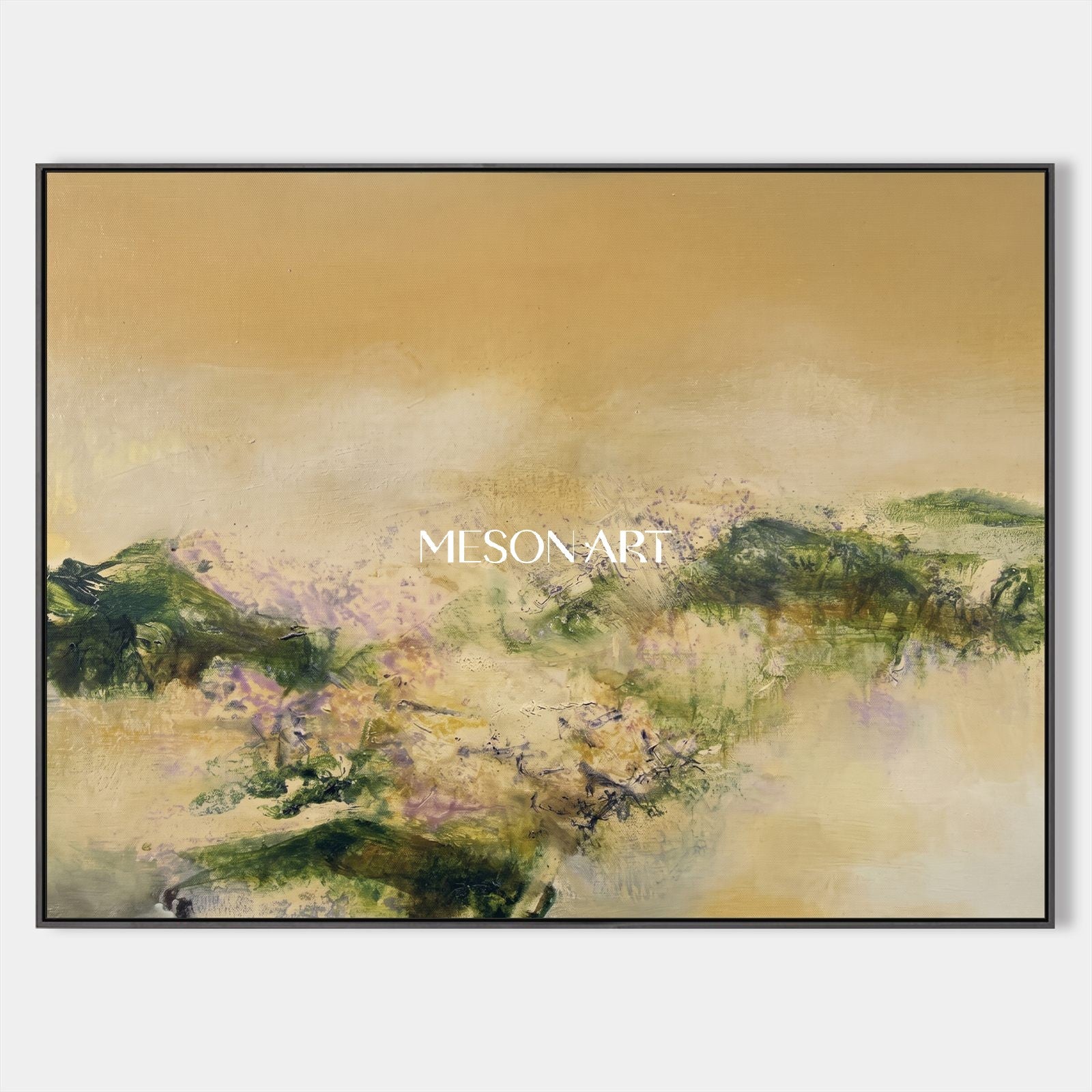 Beige And Green Abstract Expressionist Landscape Painting Rectangular Wall Art For Living Room By Mesonart