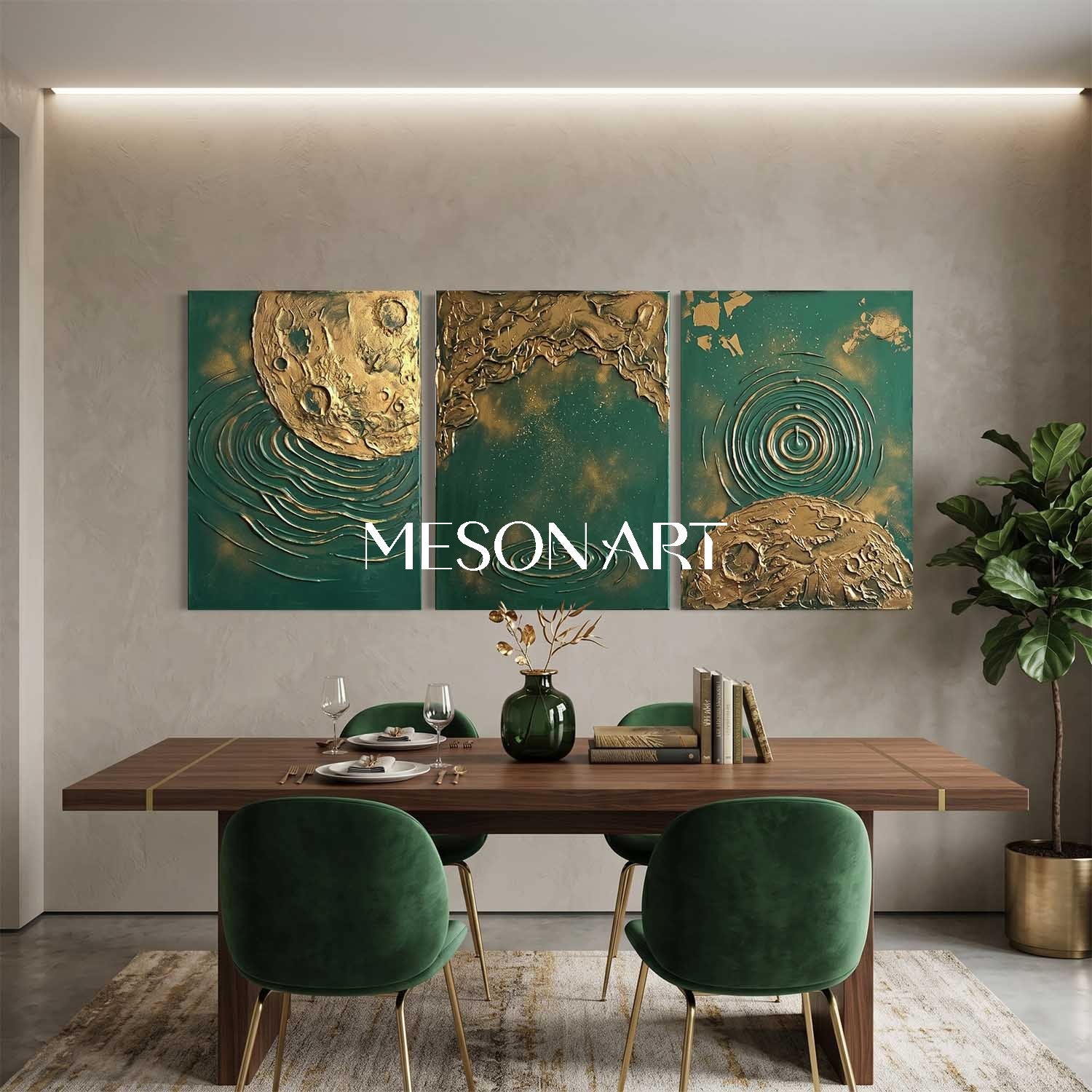 Green And Gold Textured Abstract Triptych Art For Modern Living Room Entryway Decor