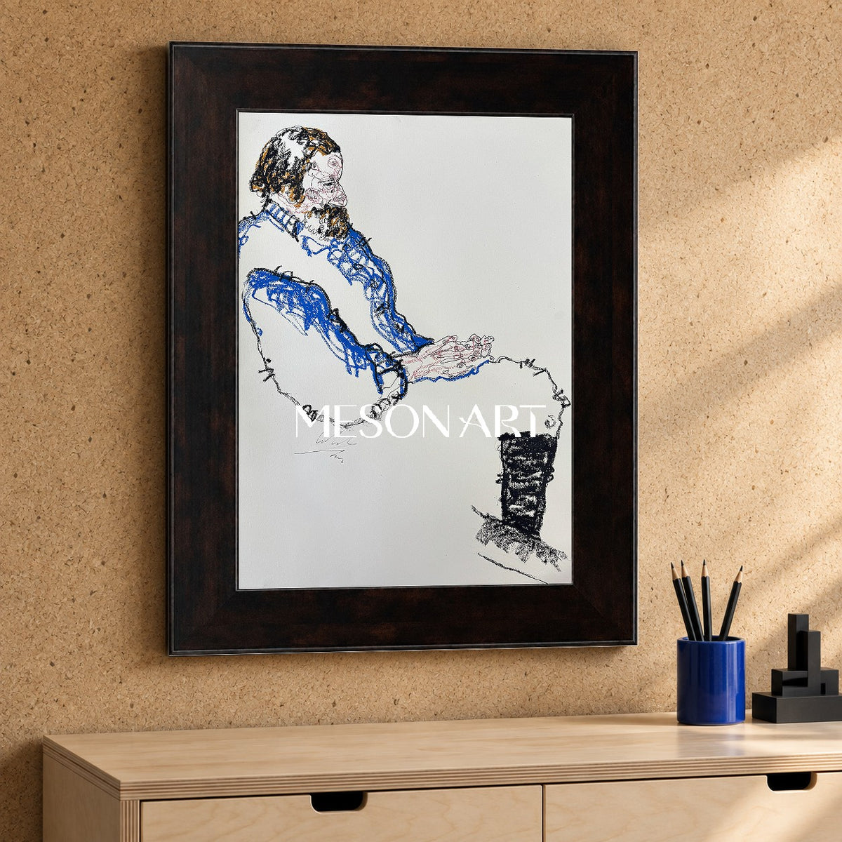 Blue And Black Abstract Figurative Painting Modern Expressionist Art Rectangular Wall Decor By Mesonart