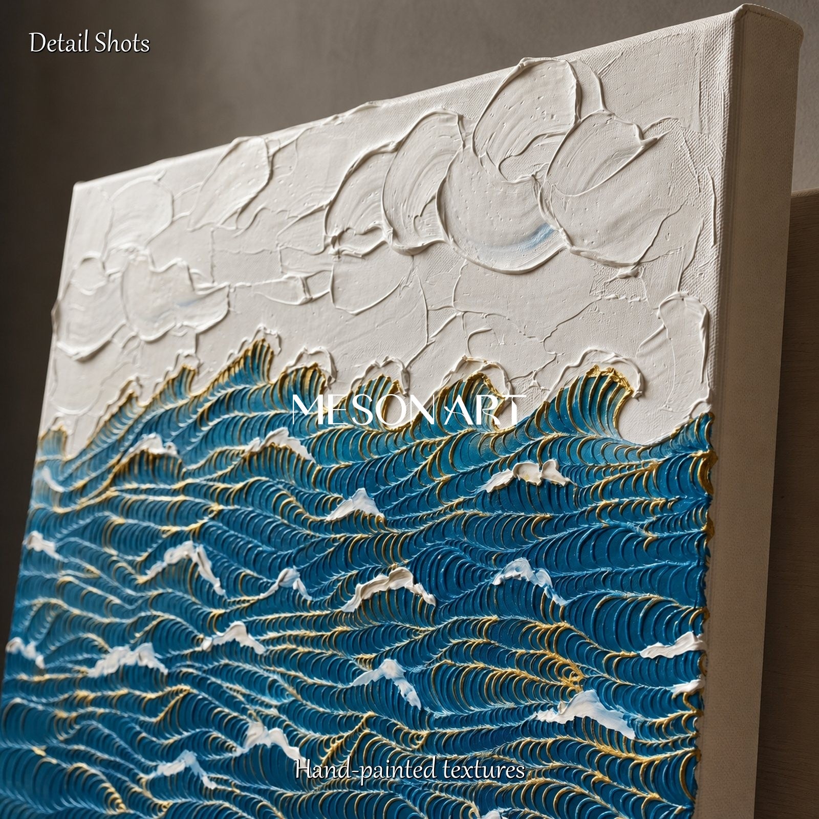 Blue And Gold Ocean Wave Painting Art Deco Style Textured Wall Art For Living Room