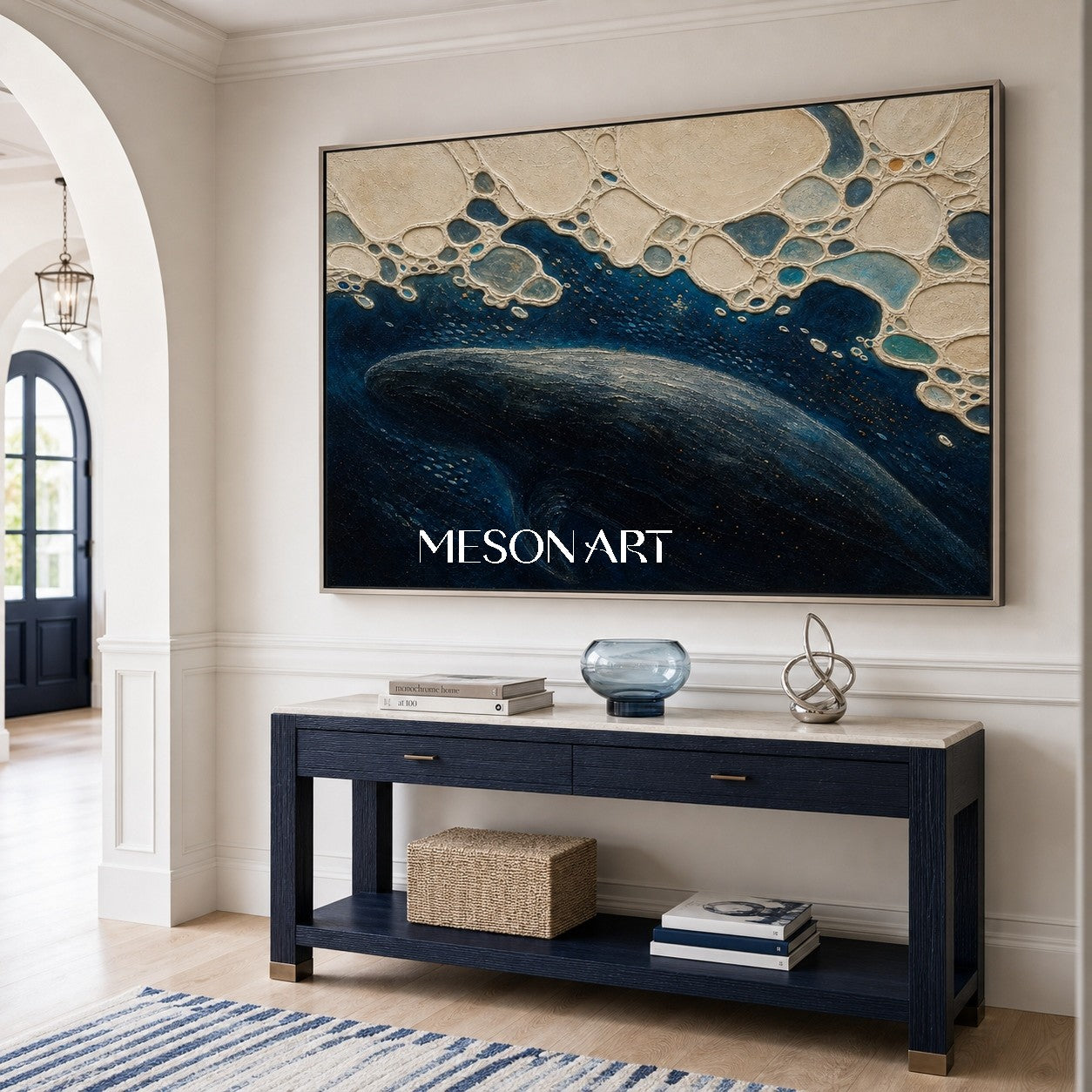 Deep Ocean Whale Abstract Art With Textured Plaster Finish For Modern Living Room Decor