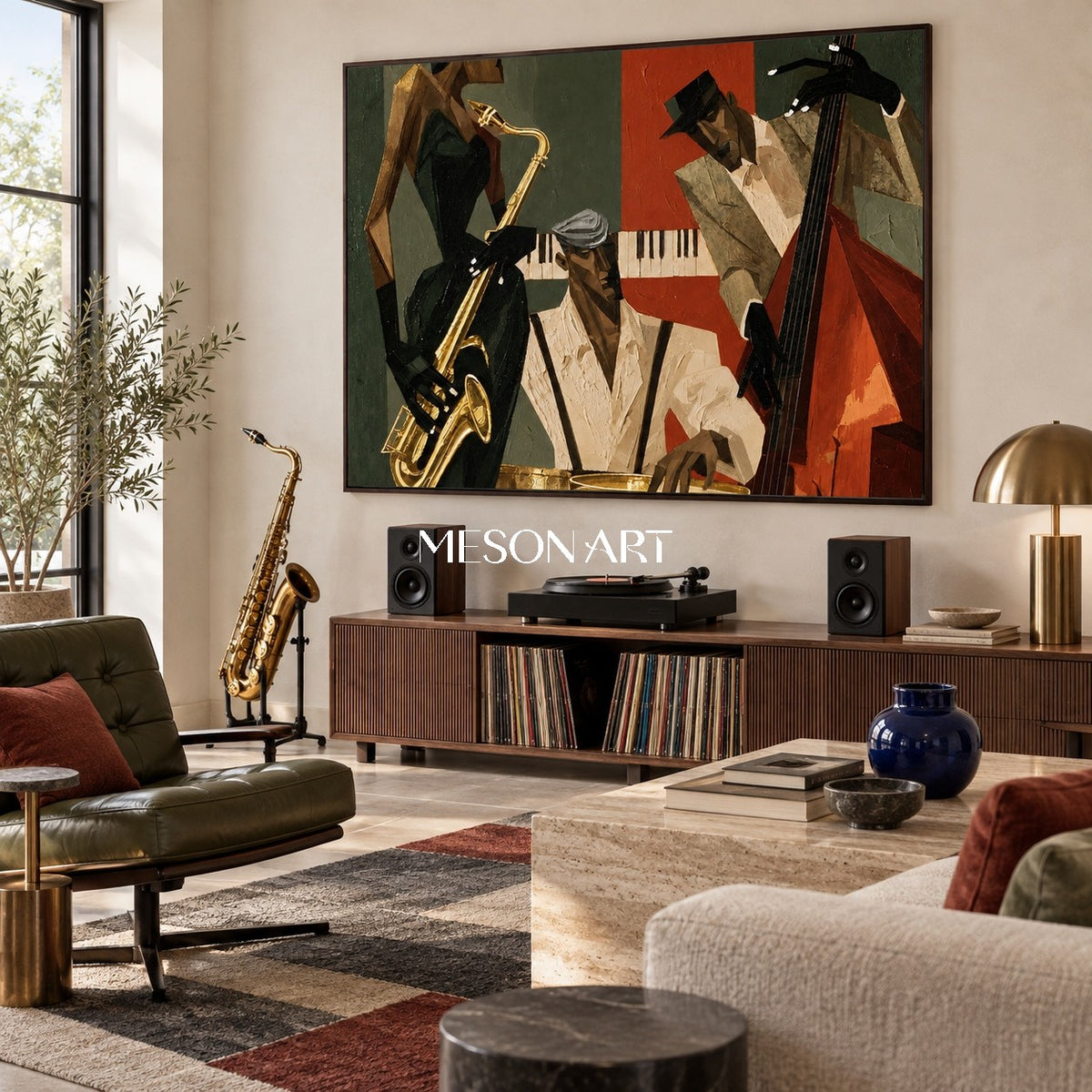 Gold And Black Pop Art Jazz Painting With Saxophone Geometric Modern Textured Rectangular Wall Art By Mesonart