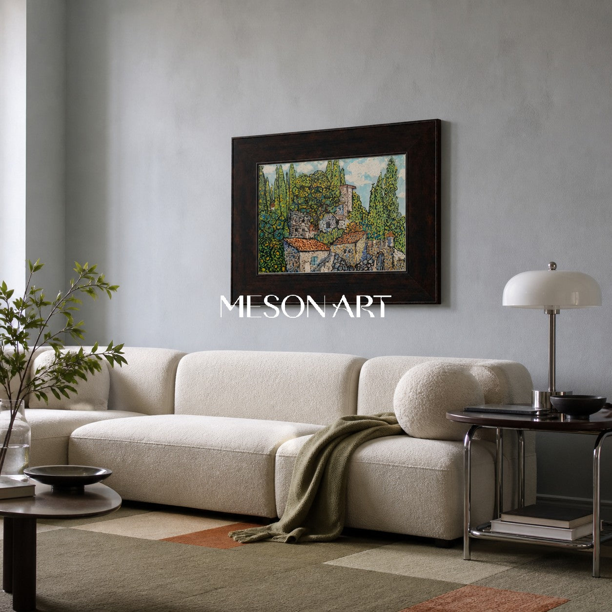 Dipinto a olio astratto di paesaggio con tonalità di verde e blu per l'arredamento moderno della casa