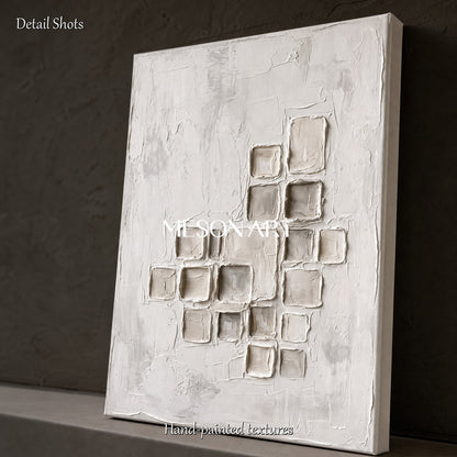 Minimalist White And Gray Abstract Art With Textured Relief For Modern Home Decor