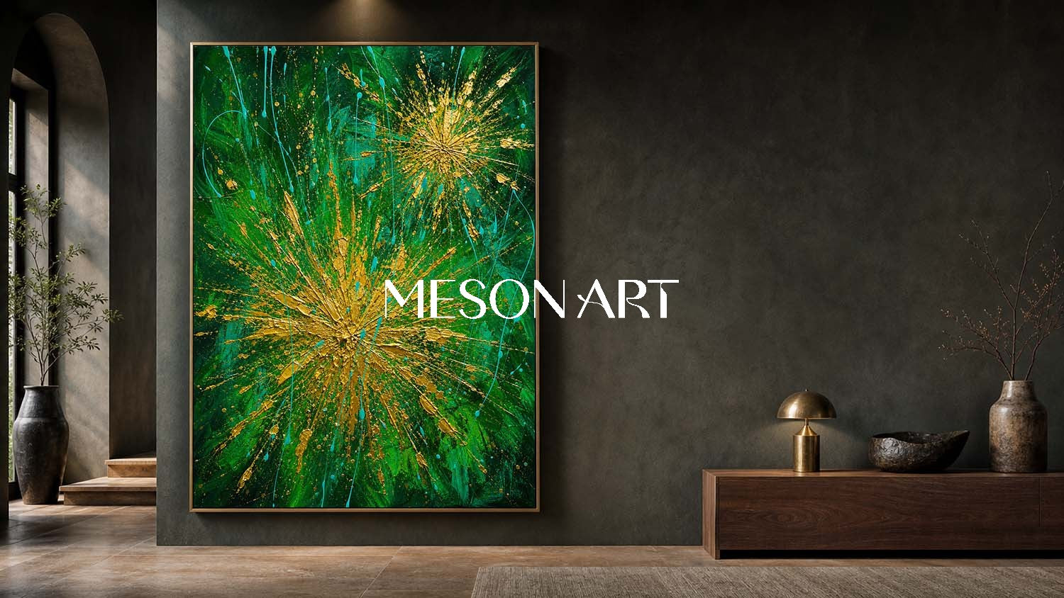 Green And Gold Abstract Painting With Textured Relief And Metallic Accents For Modern Living Room