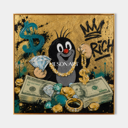 Luxury Pop Art Painting With Gold Texture And Cartoon Mole For Modern Living Room Decor