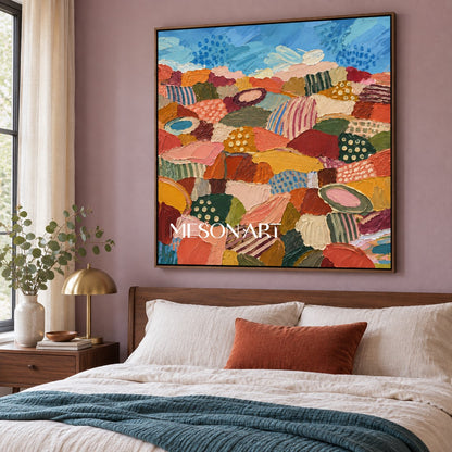 Blue And Orange Abstract Landscape Painting Original Hand Painted Square Wall Art For Living Room By Mesonart