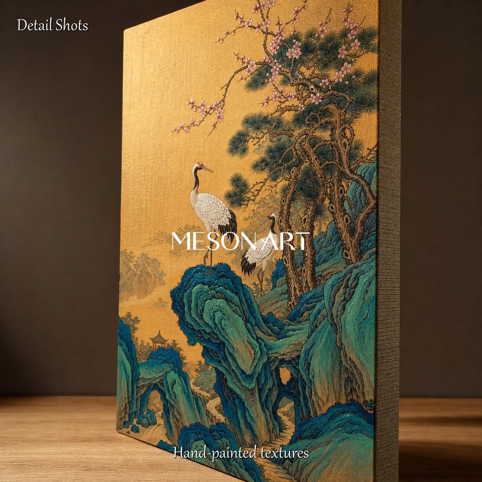 Gold And Blue Gongbi Painting Panoramic Bird And Blossom Art Asian Wall Decor By Mesonart