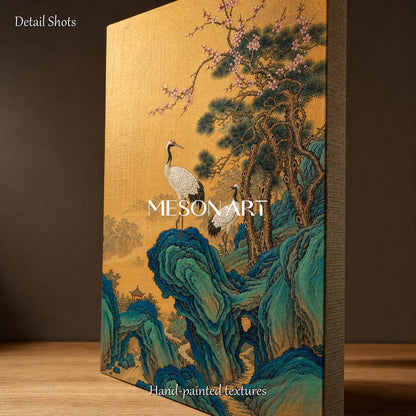 Gold And Blue Gongbi Painting Panoramic Bird And Blossom Art Asian Wall Decor By Mesonart