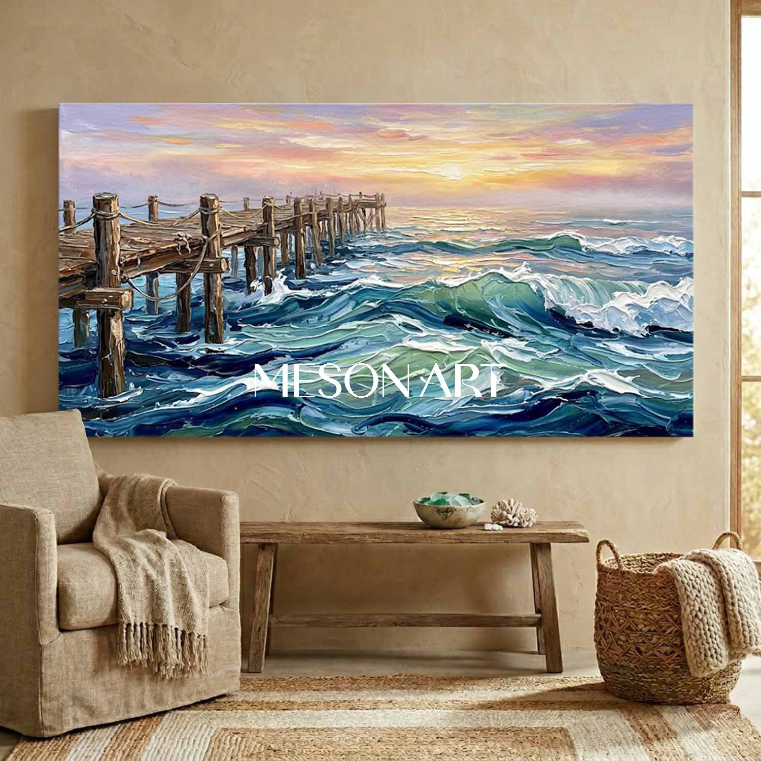 Luxury Ocean Sunset Painting With Impasto Waves And Wooden Pier For Living Room Decor