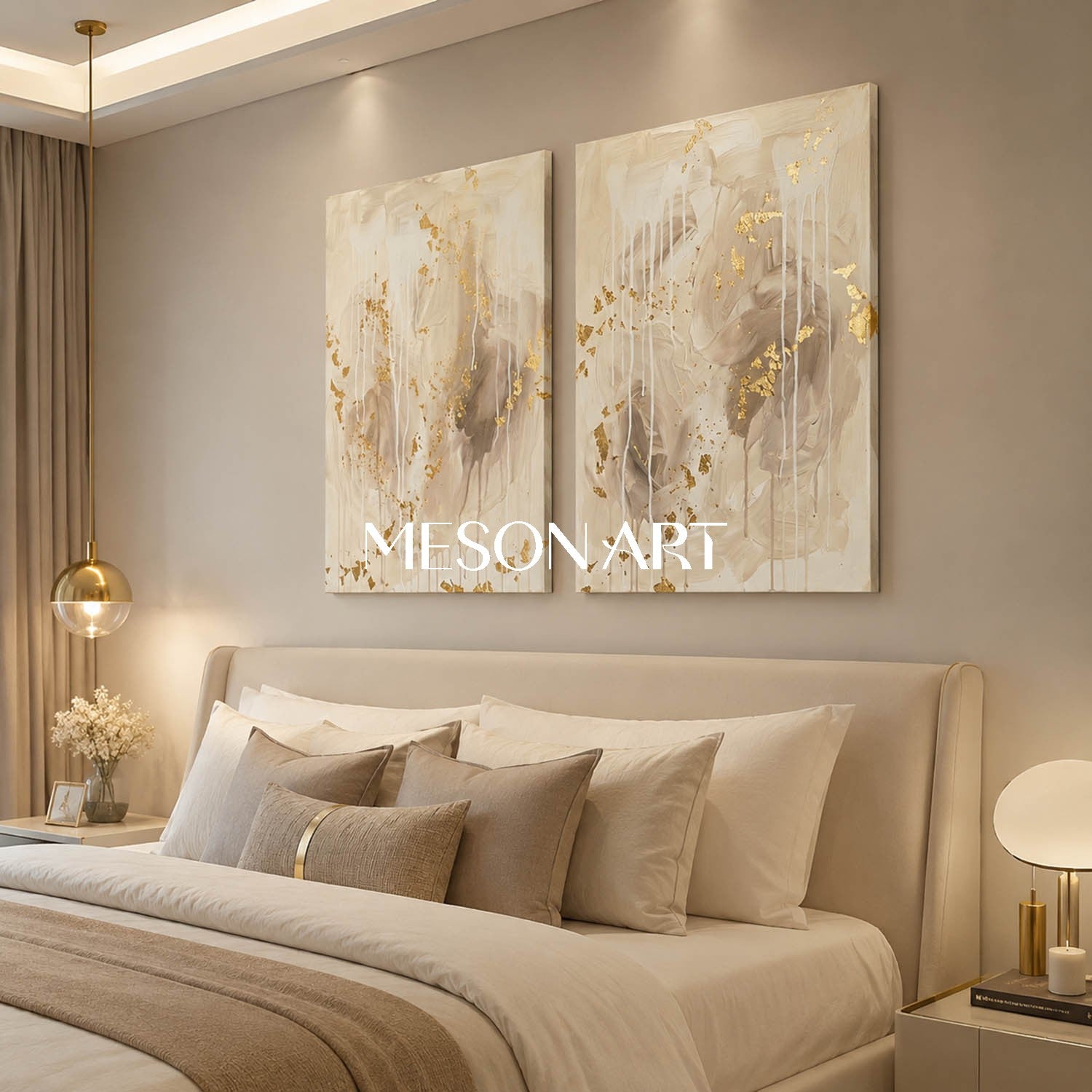 Gilded Abstract Diptych With Gold Leaf For Modern Living Room And Entryway Decor