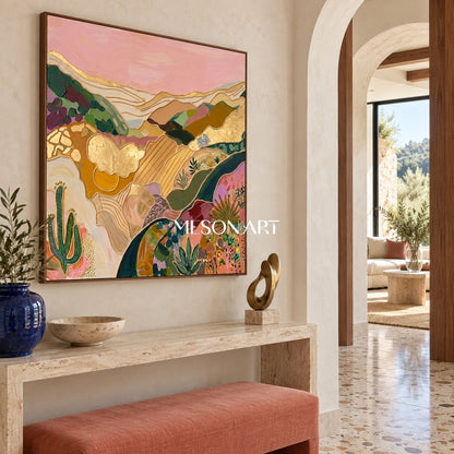 Pink And Gold Abstract Landscape Textured Painting Square Wall Art Modern Bohemian Original Artist By Mesonart