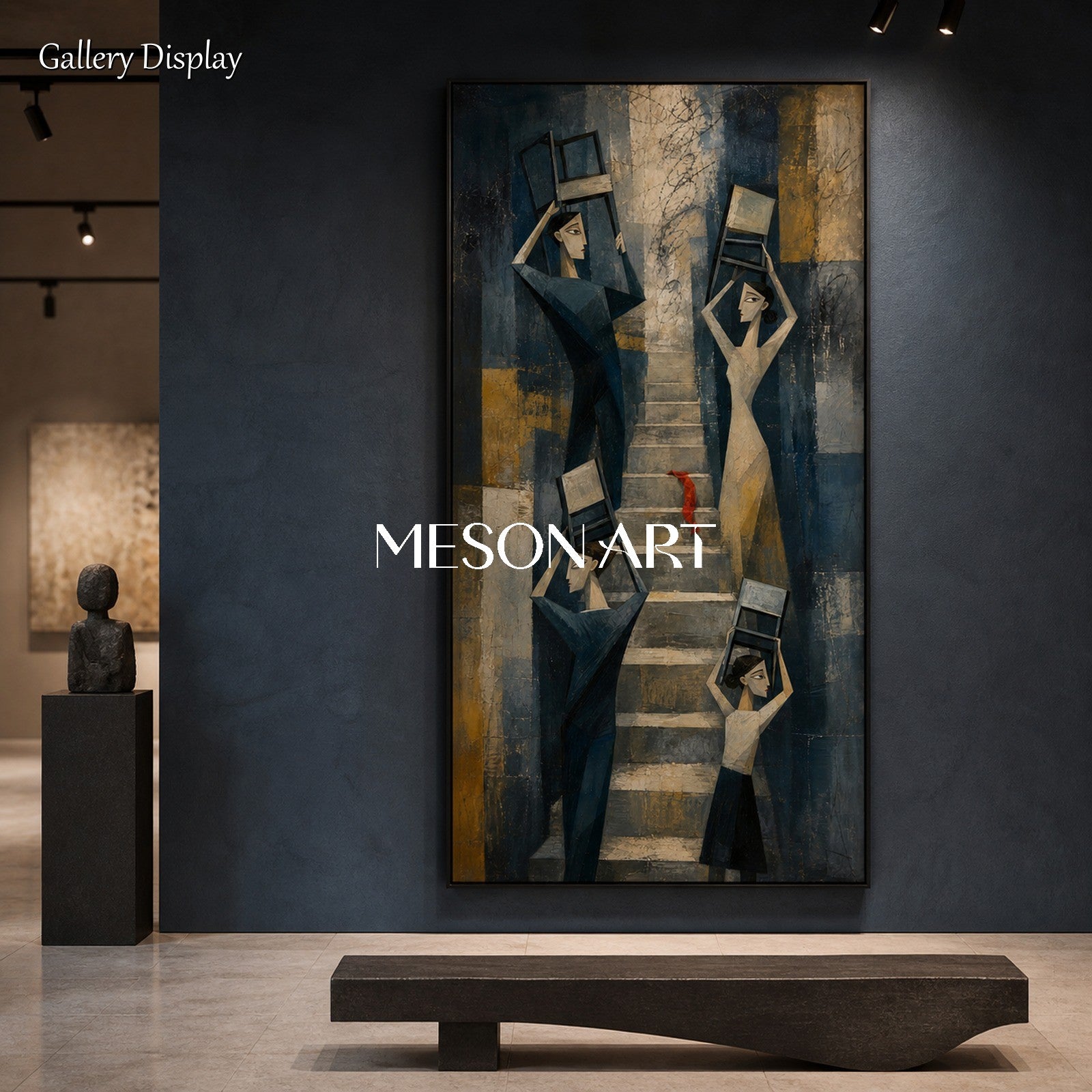Blue And Gold Cubist Abstract Geometric Modern Figures Stairs Chairs Panoramic Textured Canvas Original Artist Hand Painted By Mesonart