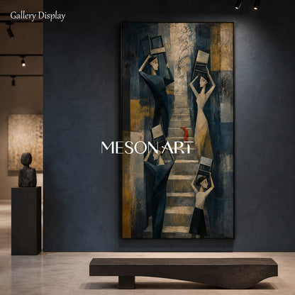 Blue And Gold Cubist Abstract Geometric Modern Figures Stairs Chairs Panoramic Textured Canvas Original Artist Hand Painted By Mesonart