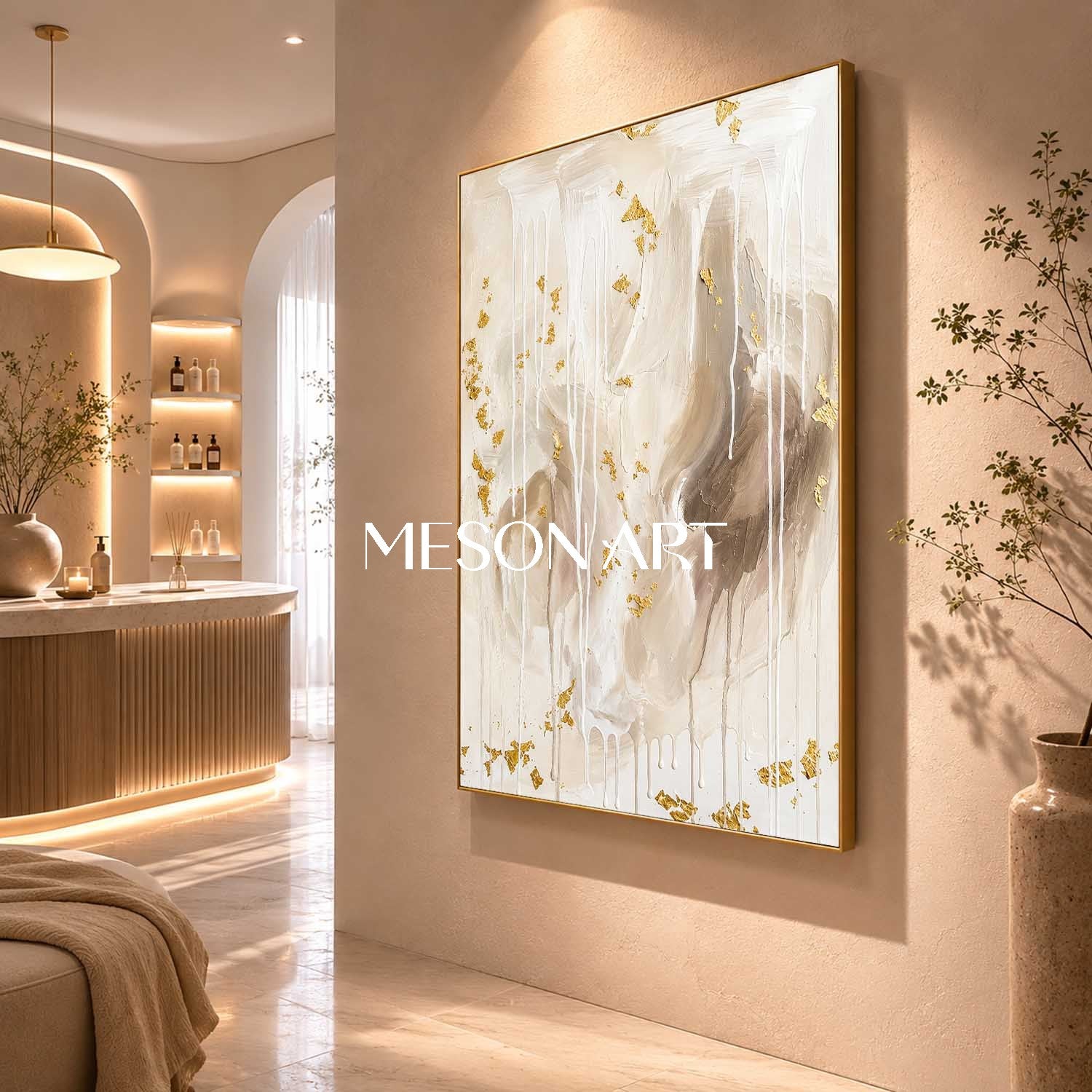 Minimalist Abstract Art With Gold Leaf And Fluid Texture For Modern Home Decor