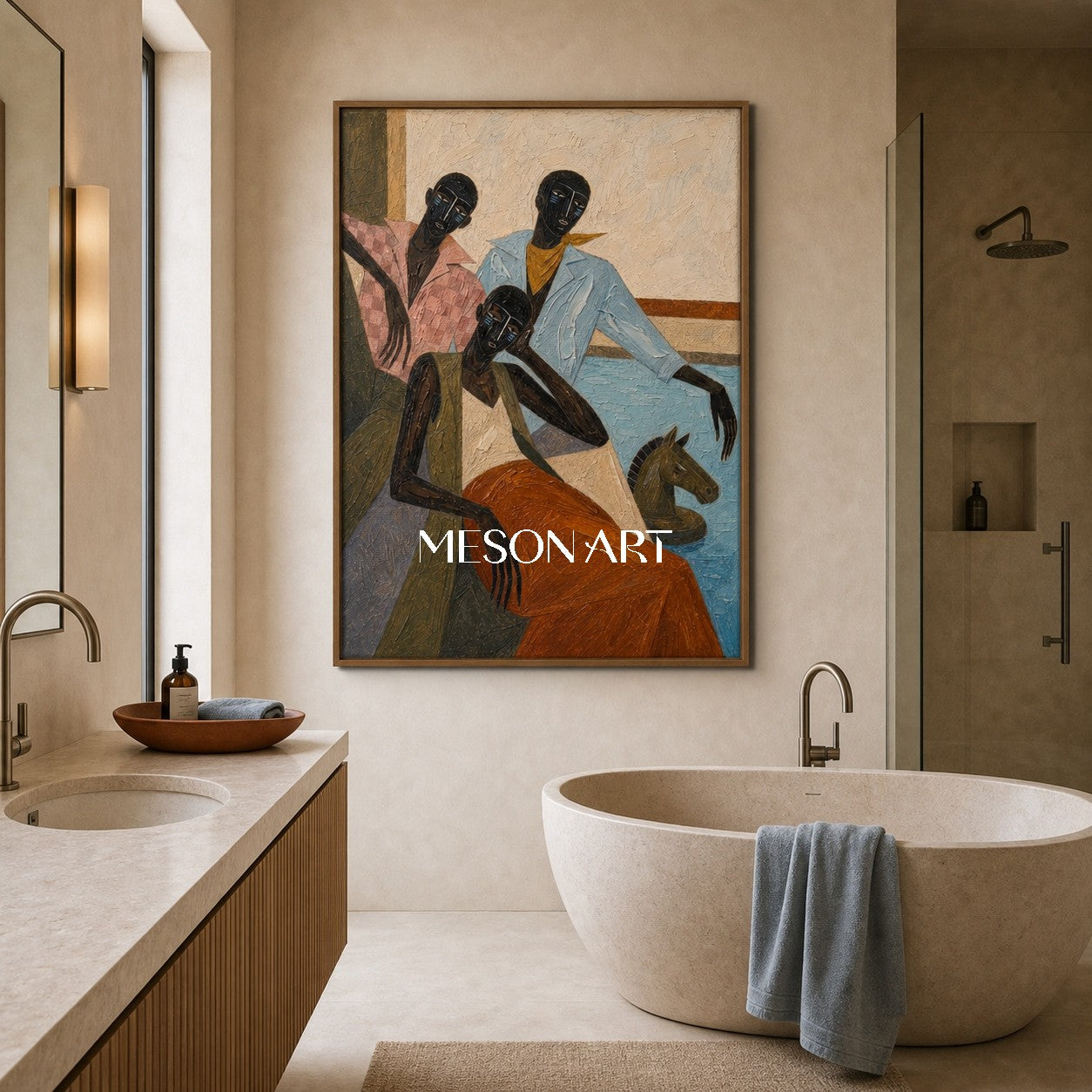 Expressive Abstract People Painting With Geometric Forms And Rich Texture For Modern Living Spaces