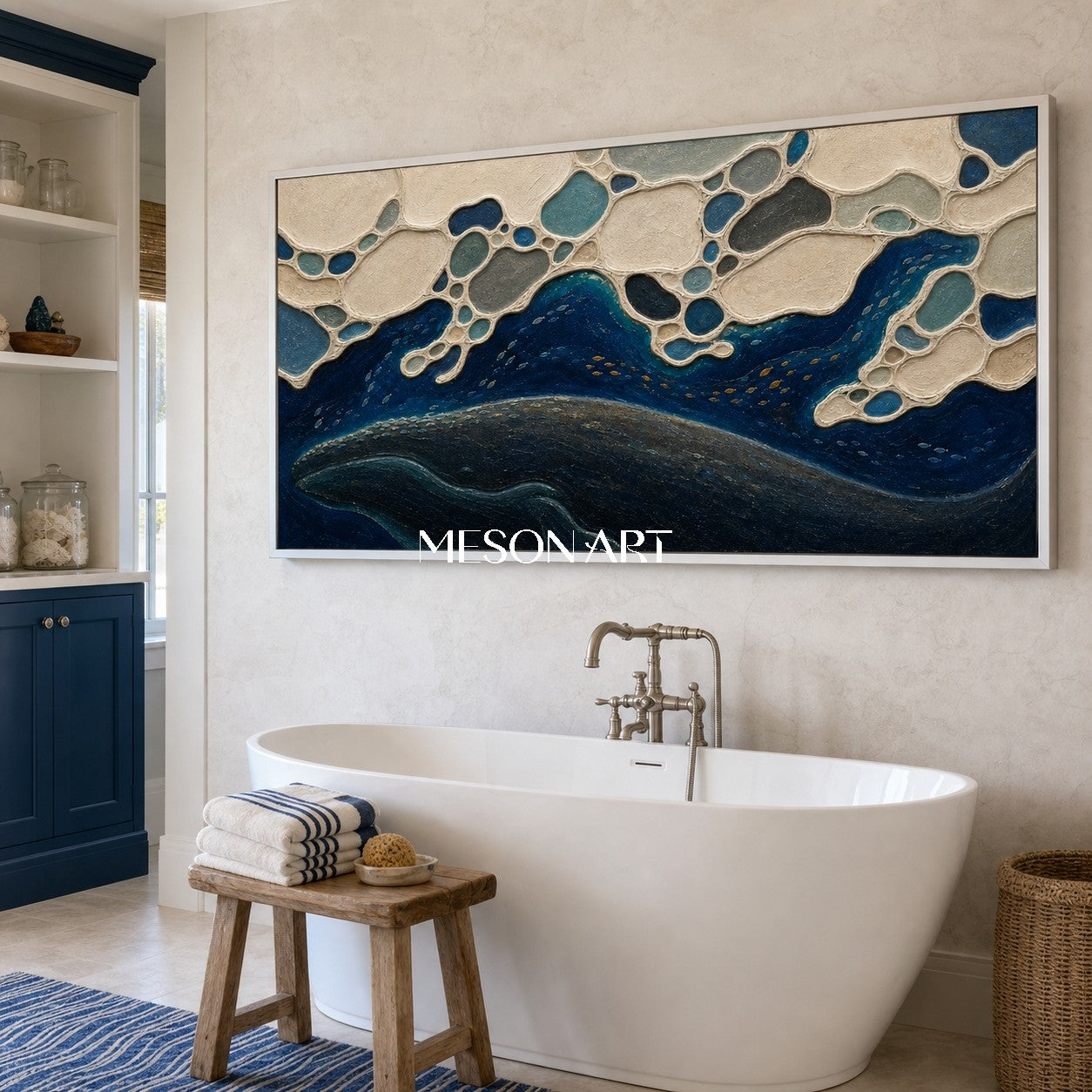Deep Ocean Whale Silhouette Art With Textured Waves For Modern Living Room Decor